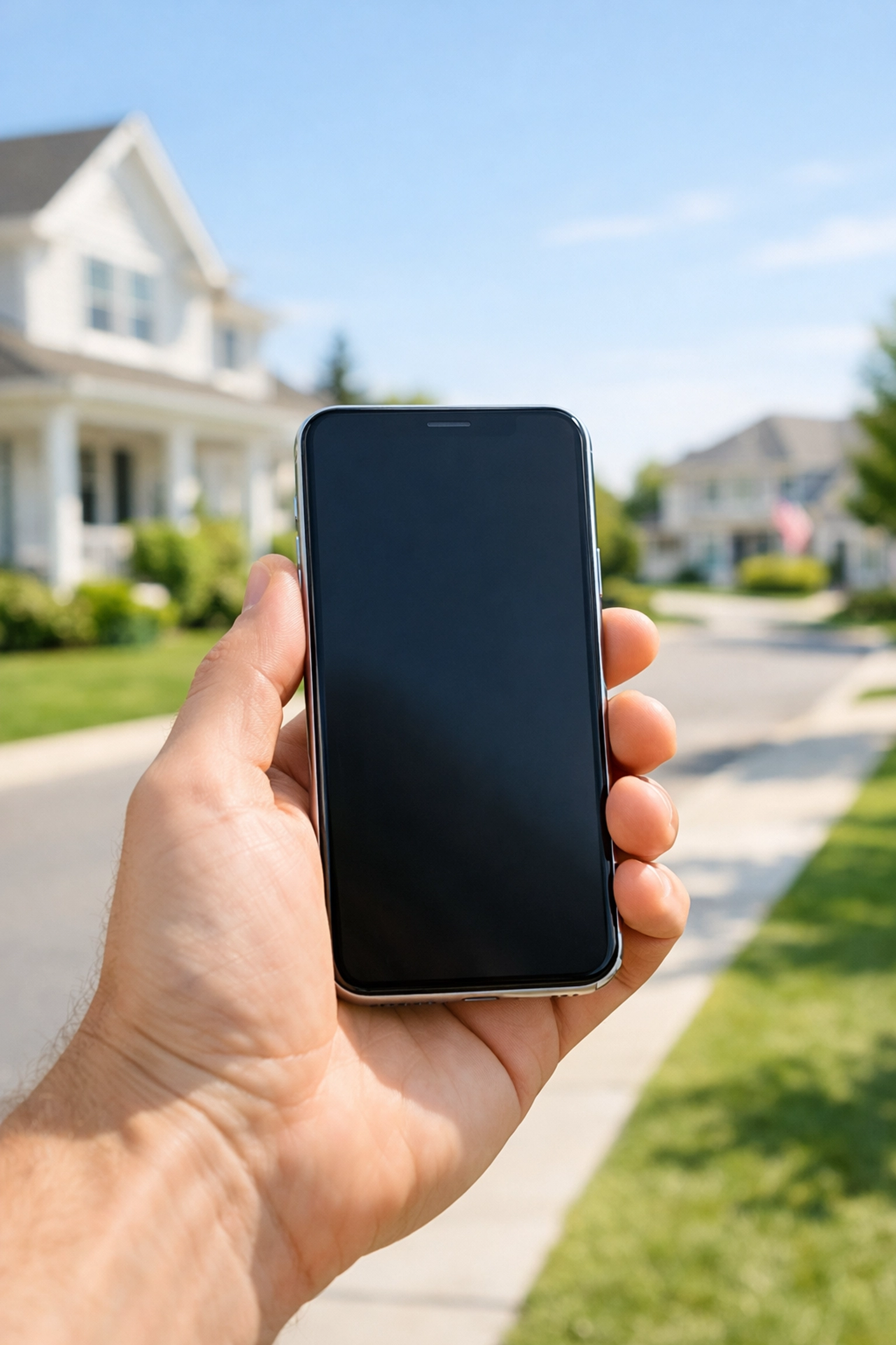 Landlord using a phone to communicate with tenants in a sunny Springfield IL residential neighborhood.